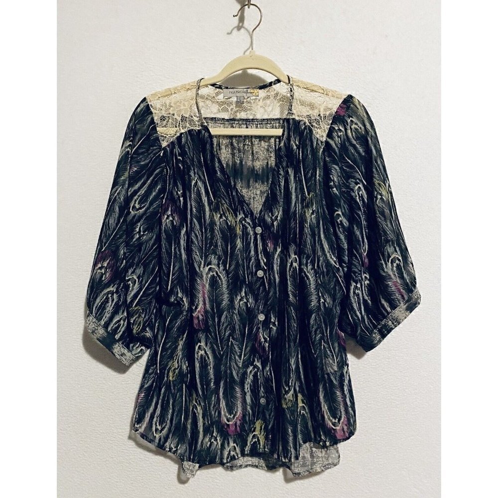 Anthropologie Figueroa and Flower Top Womens Large Feather Print 3/4 Sleeve Lace